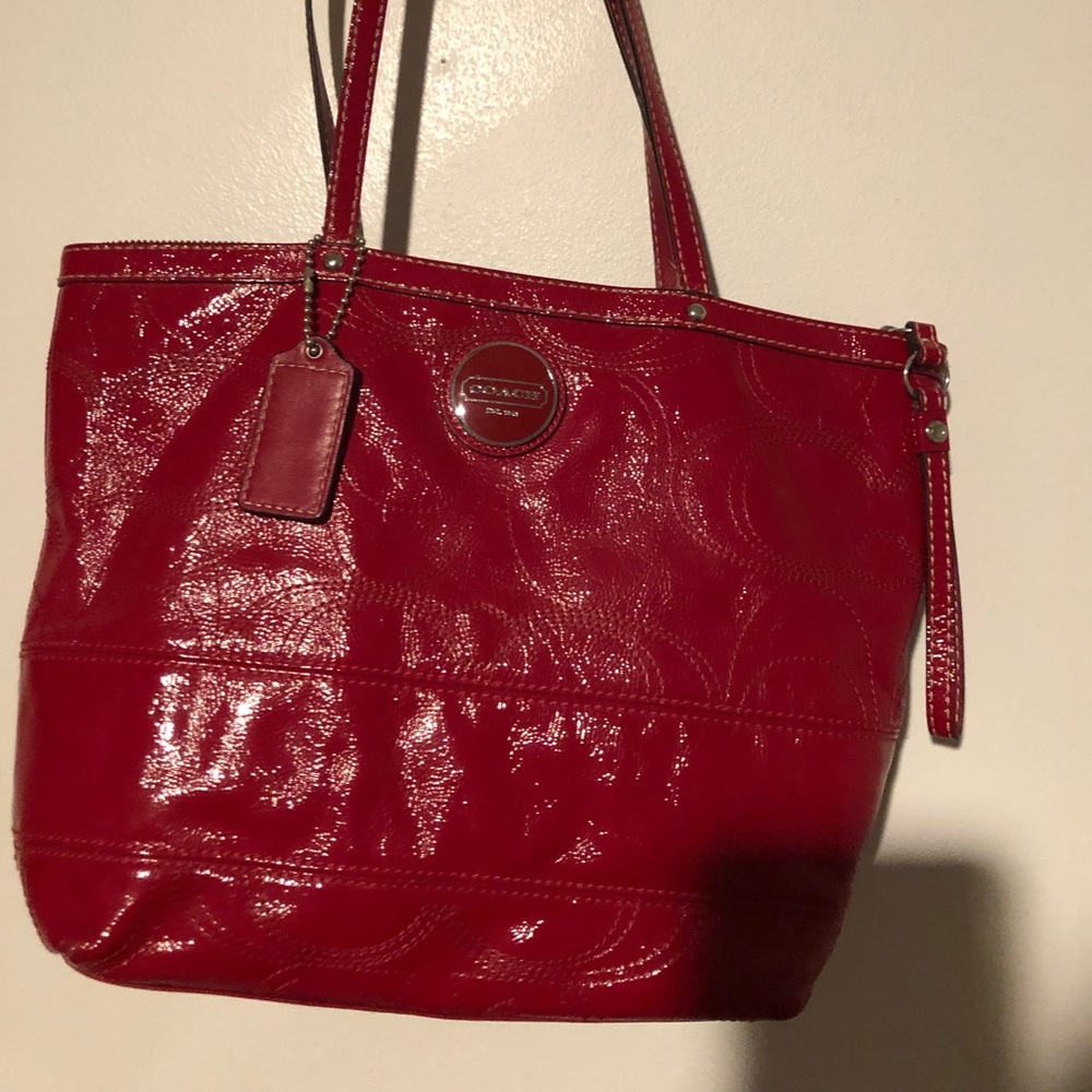 Coach Signature Zip Top Purse Red Patent Leather
